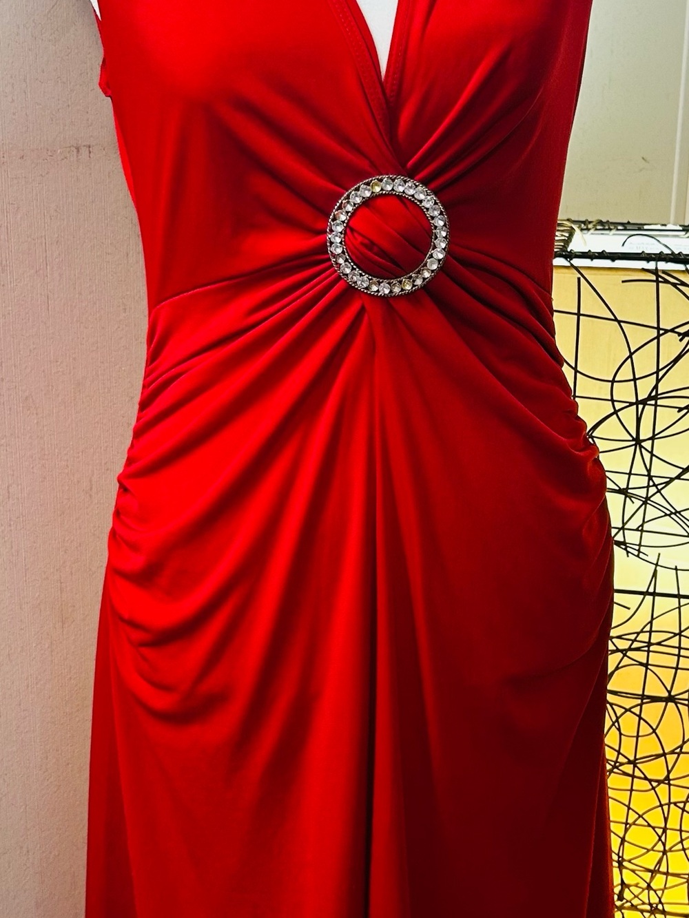 Candie's Red Ruched Evening Dress with Crystal Ring